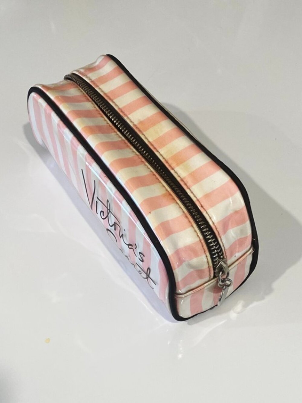 Victoria's Secret Cosmetic Bag Pink Stripe Black Trim Zip Top Lined Makeup Case